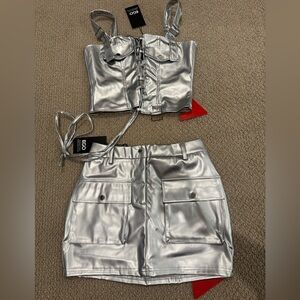 EGO SILVER METALLIC SKIRT SET LACE UP TOP FAUX LEATHER NEW NWT